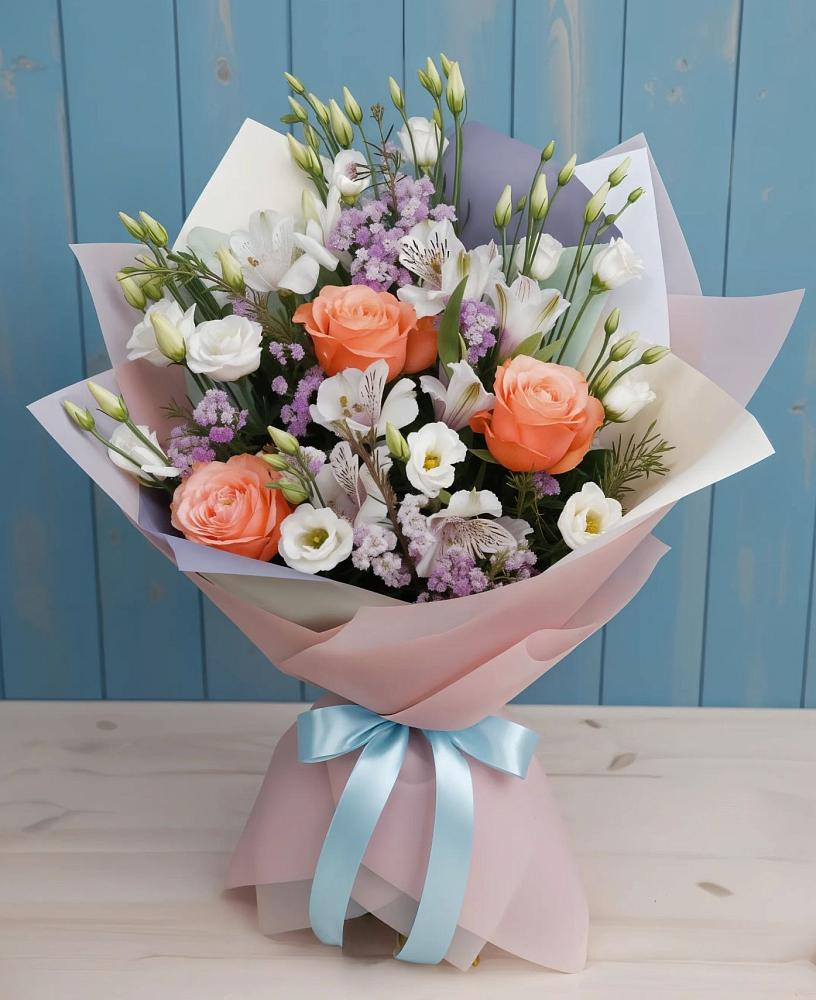 Букет цветов из: Лизиантусы, Розы, Альстромерии и Гипсофила в Воткинске